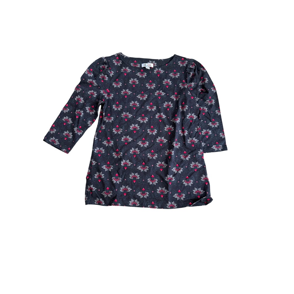 Denim & Co Womens XS 3/4 Sleeve Damask Floral Boat Neck Top Charcoal Pink Grey